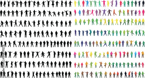 Diverse people silhouettes collection, colorful group of men and women standing in different poses, human figures isolated vector