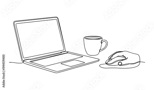 Workspace line art illustration laptop coffee mug and hand with mouse minimal vector