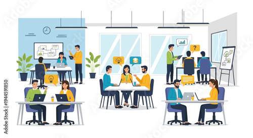 A vibrant modern office space bustles with diverse teams actively collaborating, brainstorming, and working on projects, fostering innovation and productivity.