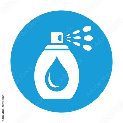 Blue vector icon shows a spray bottle with a large droplet indicating liquid