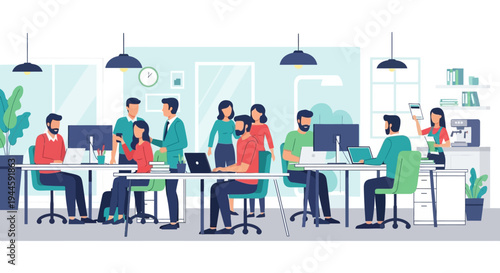 Diverse professionals collaborate efficiently in a modern open-plan office, fostering productivity and teamwork within a dynamic corporate environment.