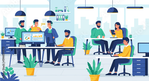 Diverse professionals engage in collaborative teamwork within a modern, vibrant open-plan office, utilizing technology to drive productivity and achieve shared business objectives.