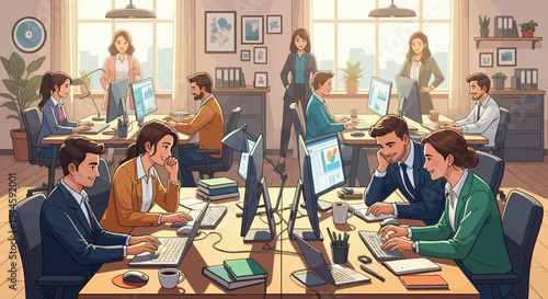 A bustling modern office environment showcases a diverse team of professionals collaborating and working diligently on their computers, fostering productivity.