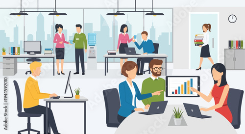 Diverse professionals are actively collaborating and working in a vibrant, modern open-plan office, fostering productivity and teamwork within a contemporary business setting.