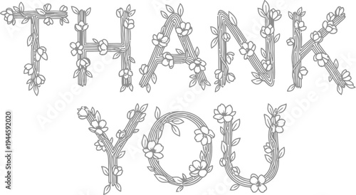Floral thank you lettering design with blossoming branches and leaves