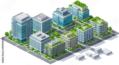 Modern Eco Cityscape with Green Rooftop Buildings and Isometric View