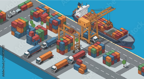 Isometric Cargo Port with Ships, Cranes, Containers, and Trucks - Logistics Concept