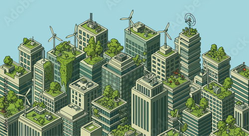 Eco city skyline with green buildings, rooftop gardens, and wind turbines
