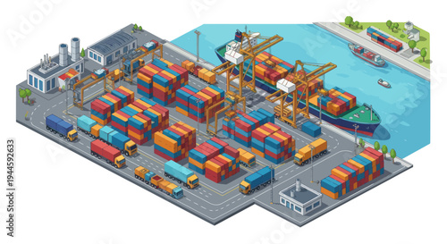 Isometric cargo port with cranes, ships, trucks, and containers. Global logistics concept.