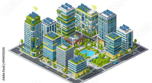Sustainable Smart City Isometric View with Green Buildings, Solar Panels, and Wind Turbines