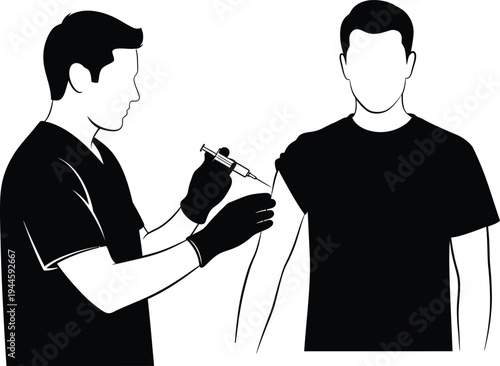 Doctor giving vaccination shot to patient silhouette on transparent background