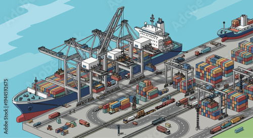 Isometric pixel art cargo port with cranes, ships, containers, and trucks