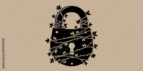 A black padlock covered in vines and leaves