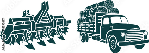 Agricultural equipment and a truck loaded with hay bales tiller rotary tiller
