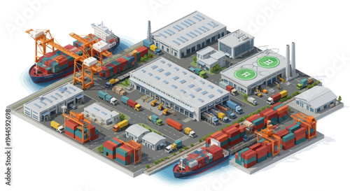 Isometric Port Logistics: Container Ships, Cranes, Trucks, Warehouses, Cargo Hub
