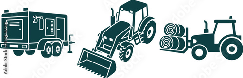 Agricultural Machinery and Trailer Vector Icons tractor hay bales