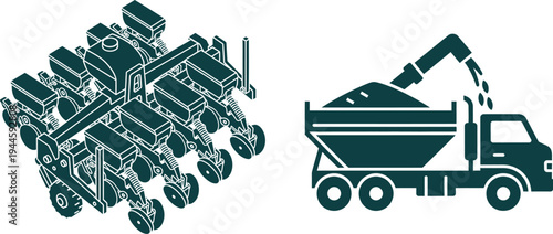 Agricultural planter and truck unloading grain icons agriculture farming