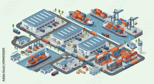 Isometric logistics hub with cargo ships, containers, warehouses and cranes