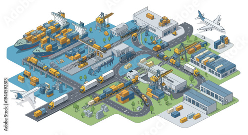 Logistics Hub: Ships, Trucks, Trains, Airplanes, Cranes, Warehouses, Containers