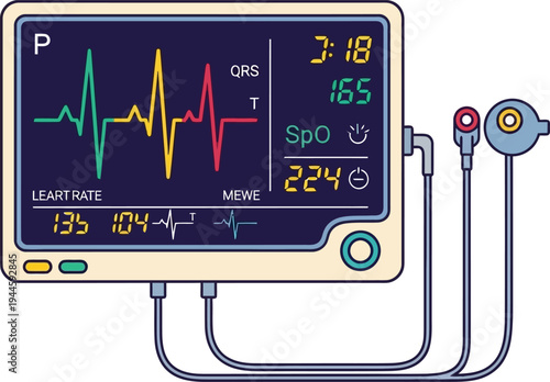 Medical monitor displaying heart rate and vital signs, ECG waveform and spo2