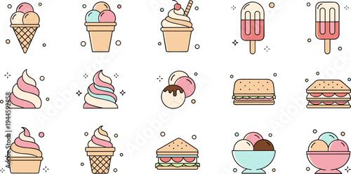 Cute Pastel Ice Cream and Dessert Vector Illustration Set with Cones, Sundaes, Popsicles, Ice Cream Sandwiches, and Sweet Frozen Treats
