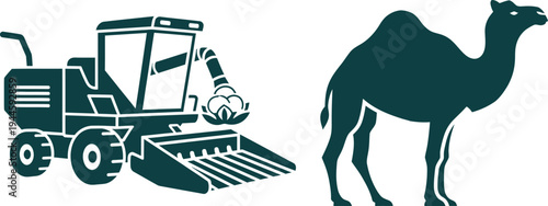 Combine Harvester and Camel Silhouette on White Background agriculture farming
