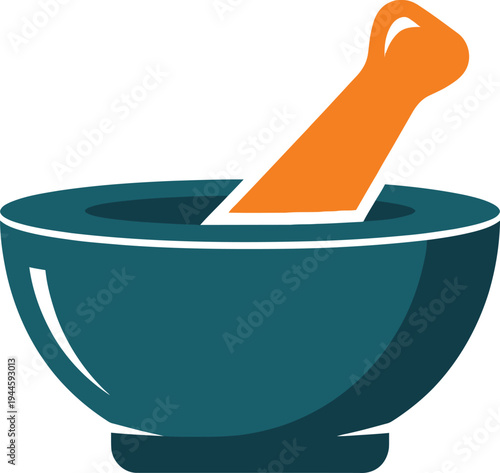 Mortar and pestle in blue and orange, traditional pharmacy tool