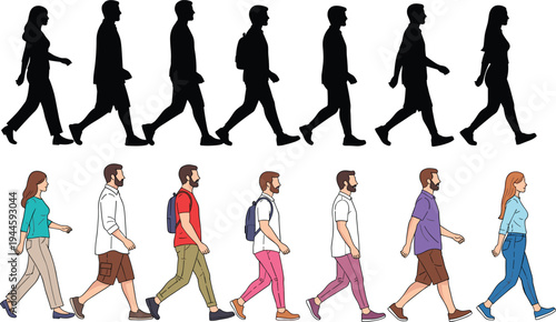 Diverse people walking collection, men and women characters in casual clothes, black silhouettes and flat line vector illustration, side view, motion sequence, urban lifestyle
