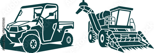 Silhouette of Utility Vehicle and Combine Harvester on White Background side by side all terrain vehicle