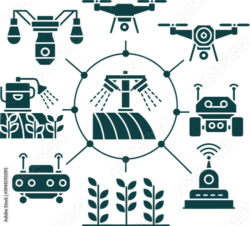 Smart farming technology concept with drones and robots watering crops agriculture
