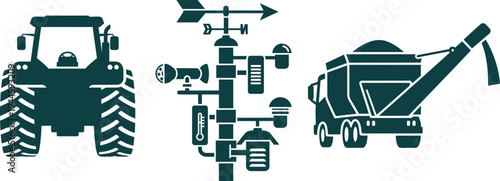 Tractor weather station and agricultural trailer icons on white background farm agriculture