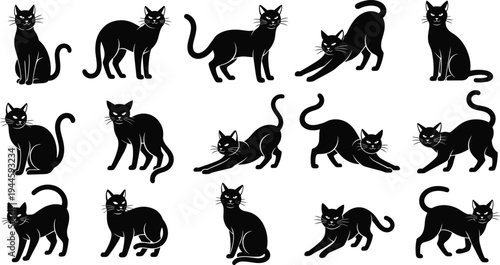 Collection of Black Cat Silhouettes in Various Poses Including Sitting Stretching Walking and Standing Isolated on White Background Vector Illustration
