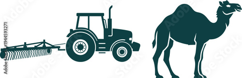 Tractor with Harrow and Camel Silhouette on White Background agriculture farming