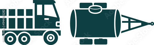 Truck with cargo and trailer tank icons on white background lorry transport