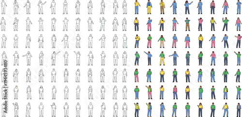 Diverse people standing characters collection with outline and colorful versions, various poses, casual clothing, group of flat figures,