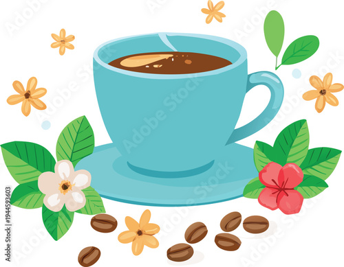 Blue coffee cup with flowers and beans flat illustration isolated on white