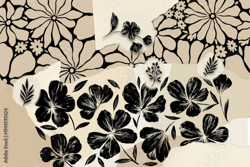 Elegant Black and Beige Floral Pattern Vector Background with Hand-Drawn Flowers and Abstract Botanical Elements for Textile Design, Branding, and Digital Graphics