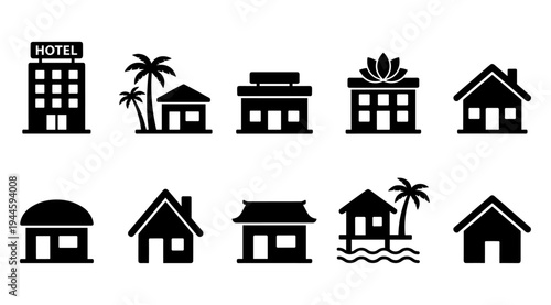A collection of black and white icons featuring various house and hotel designs, including tropical and residential buildings, on a clean white background.