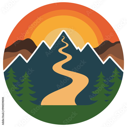 Winding mountain path at golden hour with a sunset backdrop