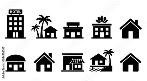 A collection of black and white icons featuring various hotel and house silhouettes, including a hotel with palm trees, a cozy cottage, and a modern building, set against a clean white background.