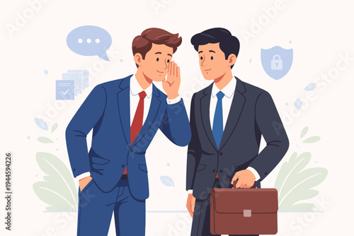 Professional businessmen in suits whispering secrets and sharing confidential information. Flat vector illustration concept for corporate privacy, data security, trust, and communication.