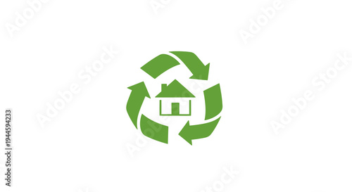 Green recycling symbol with house.