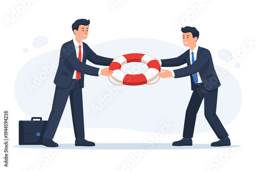 Businessman Giving Lifebuoy to Partner for Support and Rescue. Concept of Business Partnership, Crisis Management, Financial Aid, Teamwork, Insurance, and Safety Net in Corporate Environment.