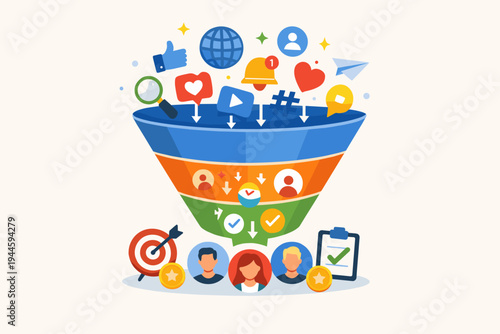 Social Media Marketing Funnel Illustration for Lead Generation and Customer Acquisition. Digital Marketing Strategy Concept with Icons for Engagement, Conversion, and Qualified Sales Leads.