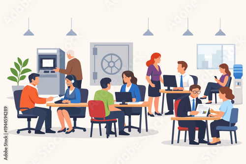 Modern bank office interior with professional staff and customers. Flat vector illustration featuring bank employees at desks, clients, ATM machine, vault, and financial services activity.
