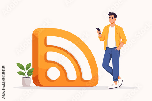 Smiling young man in a stylish yellow jacket holding a smartphone, leaning against a giant 3D orange RSS feed symbol, representing digital content subscription, blog updates, and news feeds.