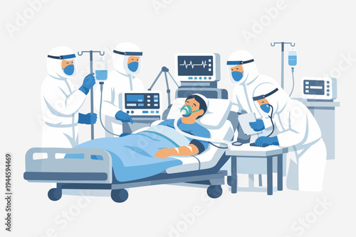 Vector illustration of medical team in full PPE hazmat suits treating a critical patient on a ventilator in an intensive care unit ICU hospital ward with medical monitors and IV drip equipment.
