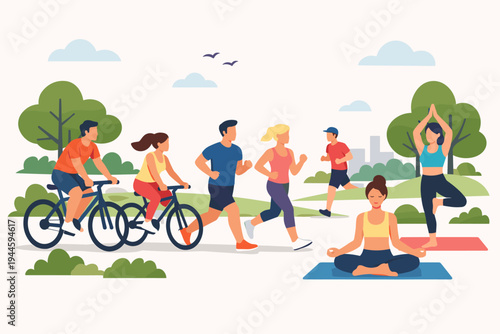 Vector illustration of people exercising in a public park, featuring men and women running, cycling on bikes, and practicing yoga on mats. Healthy active lifestyle concept in flat design.