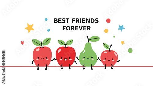 Three red apples and one green pear holding hands as characters under a best friends forever message with stars and dots.
