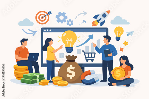 Flat vector illustration of a diverse team brainstorming online business ideas and earning money with digital marketing strategies, startup growth, financial success, and e-commerce concepts.